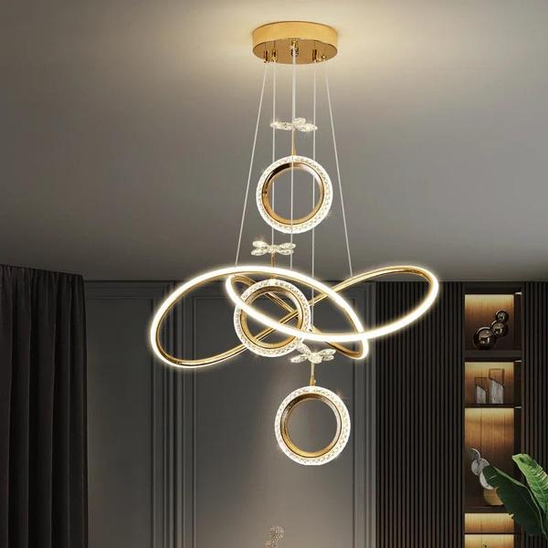 Pendant Chandelier – Interlocking Circular Rings with Gold Finish & Crystal Accents, Smart Home (Alexa & Google)