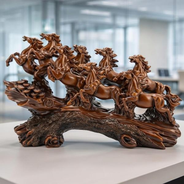UAG Exports 19 Inch 7 Running Horses Statue Resin Vastu & Feng Shui Lucky Horse Decor | Stock Market Growth Item (Dark Brown, Wave Base)