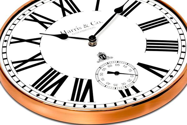 HARRIS & CO. CLOCKMASTERS Premium Metal Analog Wall Clock with Sub-Second Dial 12 Inch Rosegold with HD Clear Curved Glass Silent Sweep Movement