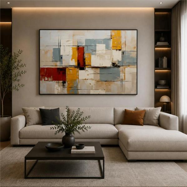 Artsense Abstract Geometric Textured Canvas 60 × 68 cm | Black-Framed Wall Art for Living Room