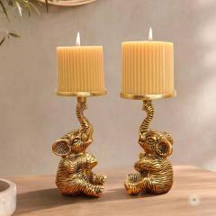 BEHOMA Metal Elephant Pillar Candle Holder Statue, Gold - Set of 2, photo 4