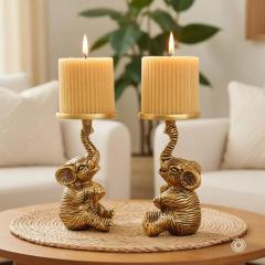BEHOMA Metal Elephant Pillar Candle Holder Statue, Gold - Set of 2, photo 6