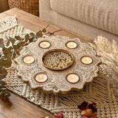BEHOMA Wooden T-Light Urli for Home Decor with Candles, Natural White 12 in, photo 6