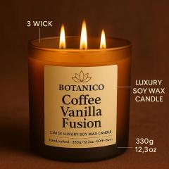 Botanico Coffee Vanilla Scented Candle – 3 Wick Soy Wax Candle, 350g Frosted Jar, 60+ Hours Burn Time, Luxury Aromatherapy Candle for Home, photo 4