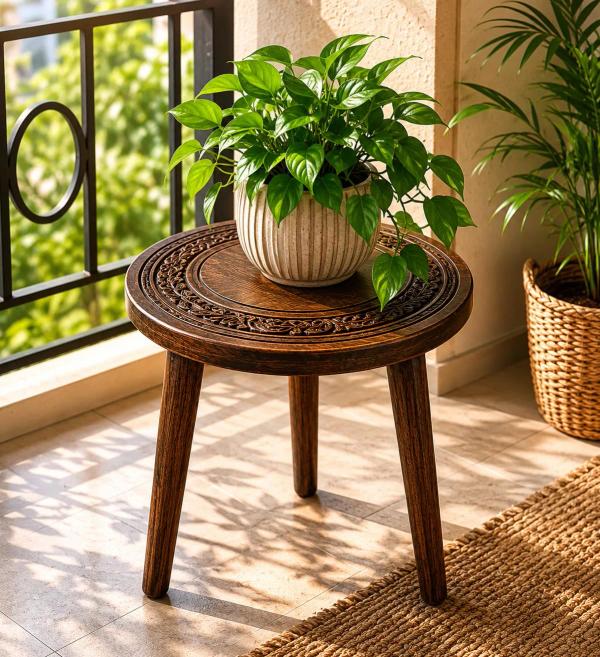 DAXTANAR Solid Wood Round Coffee Table for Living Room | Handmade Wooden Center Table with Carved Decorative Design