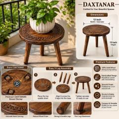 DAXTANAR Solid Wood Round Coffee Table for Living Room | Handmade Wooden Center Table with Carved Decorative Design, photo 3