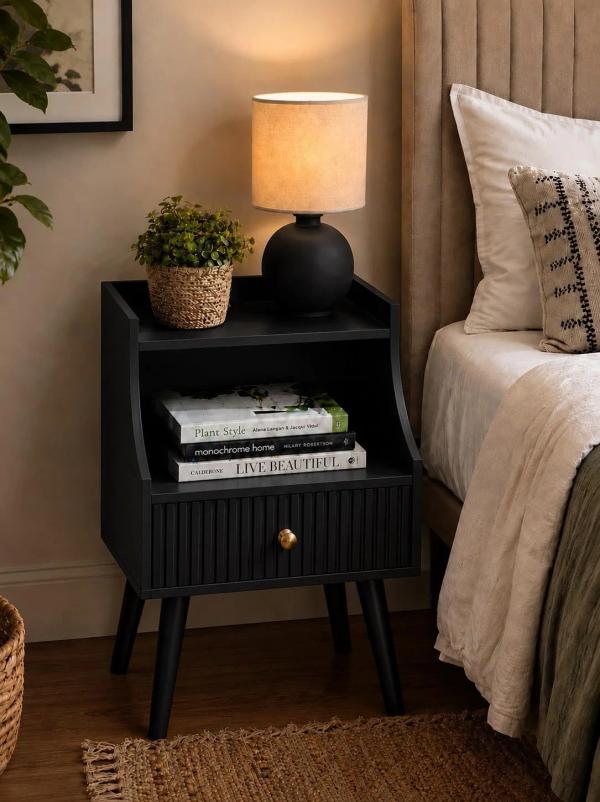 ETIQUETTE ART Modern Fluted Nightstand with Drawer and Open Storage Shelf, Bedside Table with Round Edge, Boho Night Stand with Solid Wood