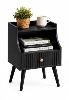 ETIQUETTE ART Modern Fluted Nightstand with Drawer and Open Storage Shelf, Bedside Table with Round Edge, Boho Night Stand with Solid Wood, photo 3