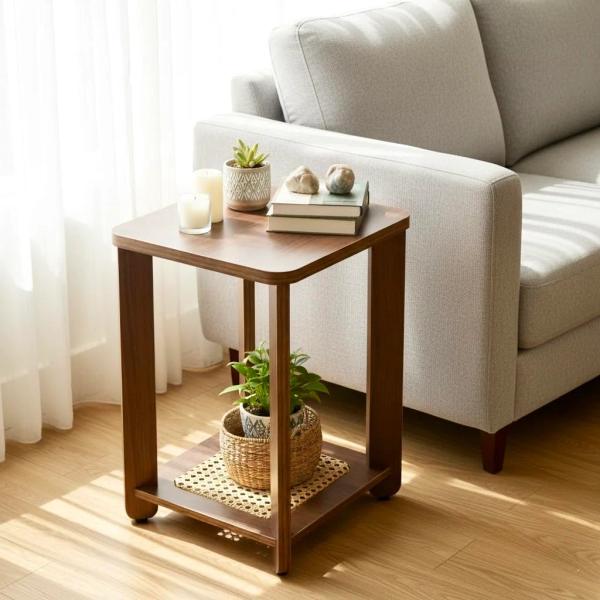 InoSlashed Beautiful Wooden Side Table/End Table/Plant Stand/Tea Table/Stool Living Room Furniture Square Shape with Rattan Webbing