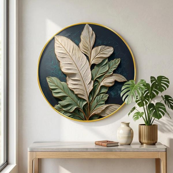 SAF 3D Textured Leaf Round Wall Art | Golden Framed Botanical Wall Painting for Living Room & Office